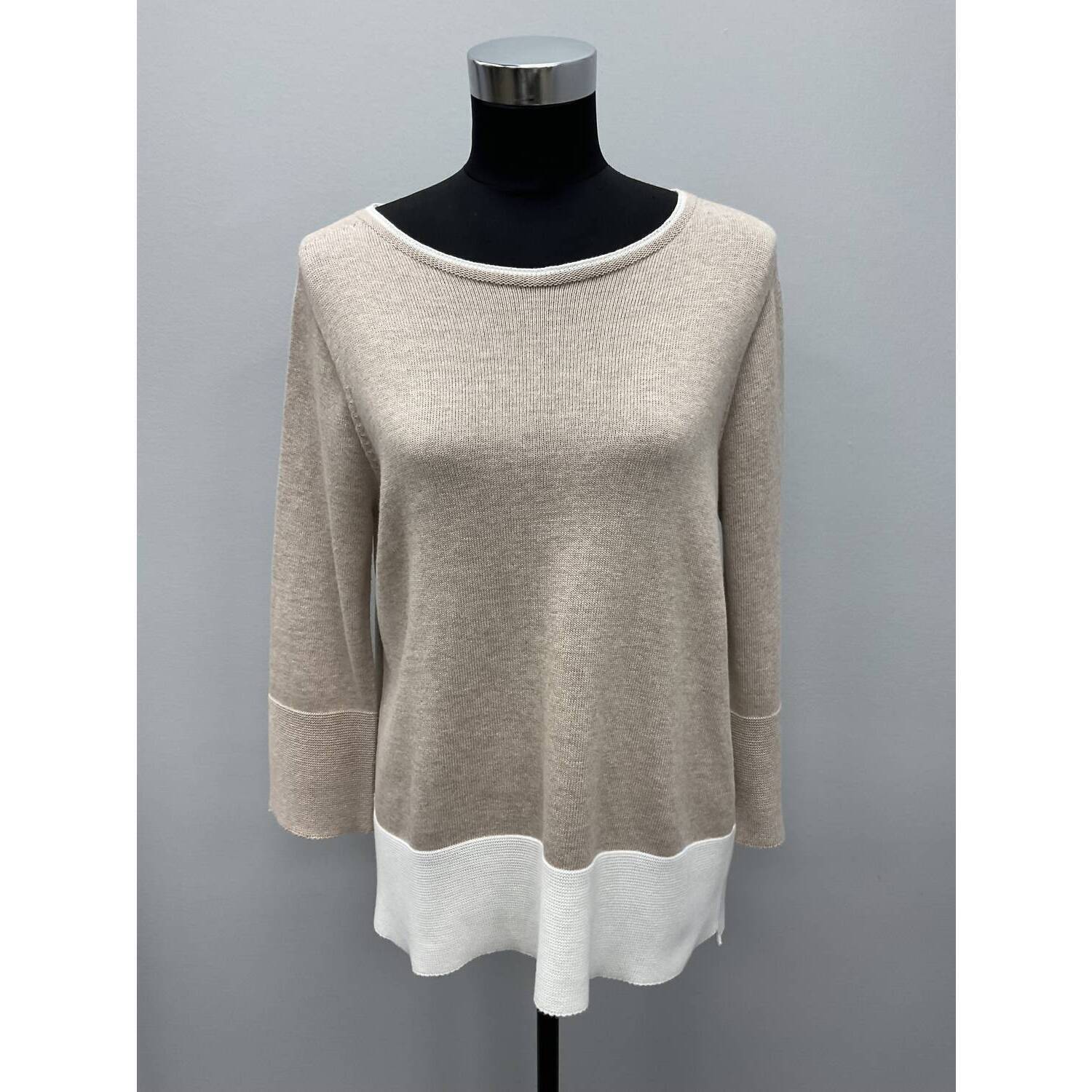 New Hubert Gasser Beige Cotton 3/4 Sleeve Sweater In Beige And White